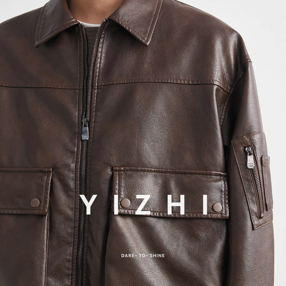 Distressed Vintage Leather Jacket For Men's Loose PU Moto Biker Jacket Windbreaker Luxury Bomber Jacket Outerwears Men Clothes - Image 6