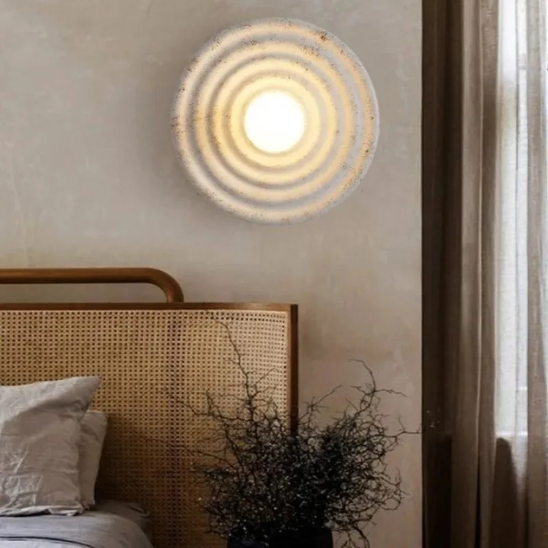 Resin Vintage White Wall Lamps Water Ripple Matte Texture Living Room Wall Lamps Glass Lampshade Distress Simple Home Decor