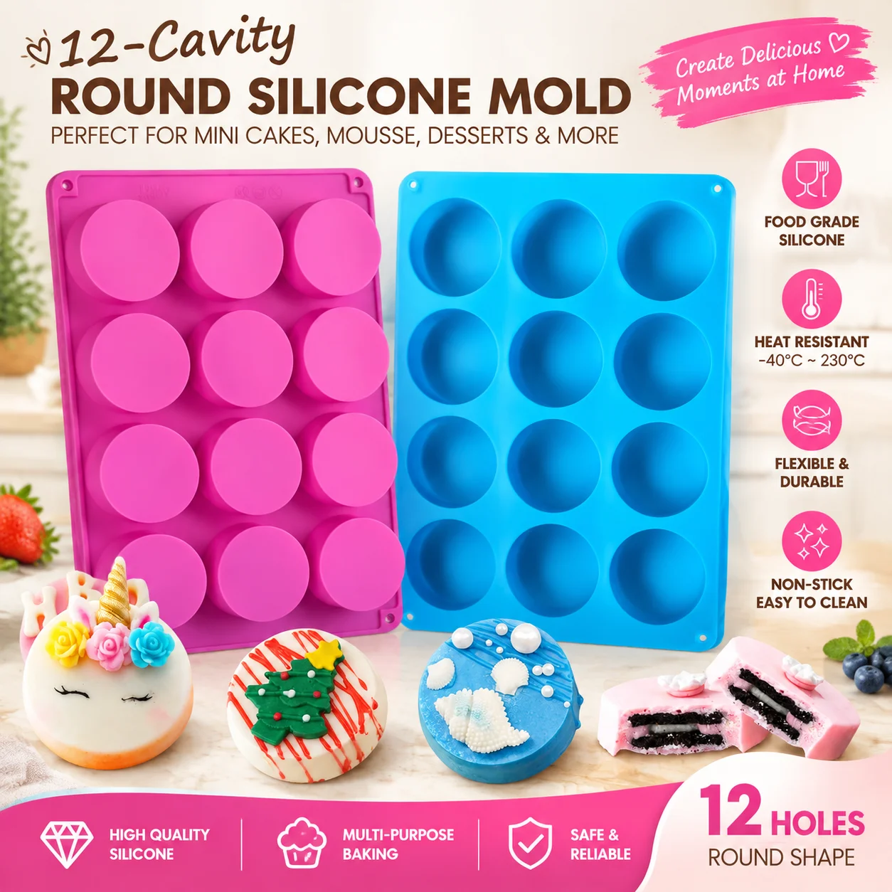 12 Cavity Silicone Round Cylinder Mold Reusable Cake Cookie Baking Mold For Chocolate Candle Soap DIY Kitchen Gift