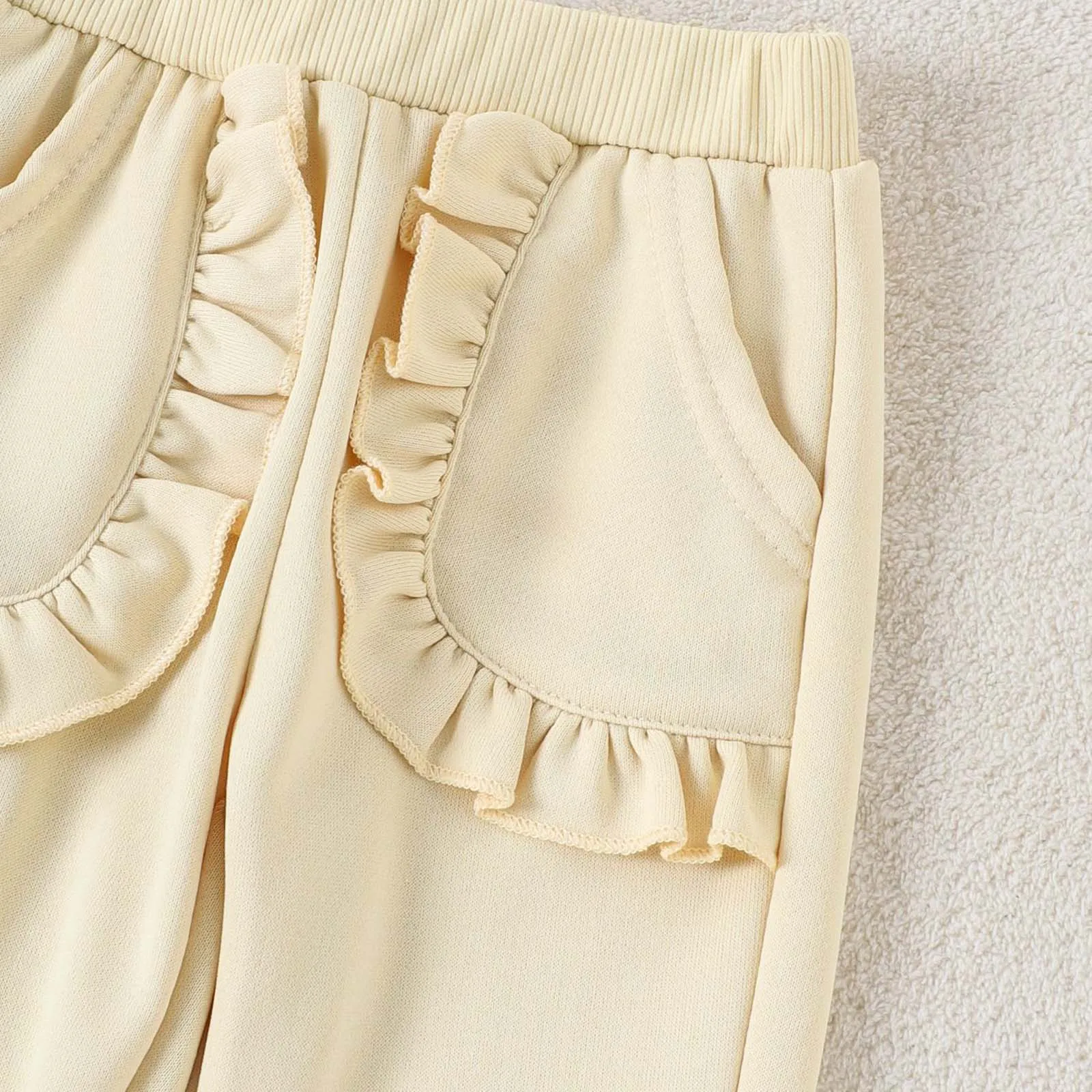 مقاس 4 ملابس بناتي طقم تطريز بناتي بيج مكشكش بأكمام طويلة وسراويل مزخرفة بالدانتيل 3 أشياء #6