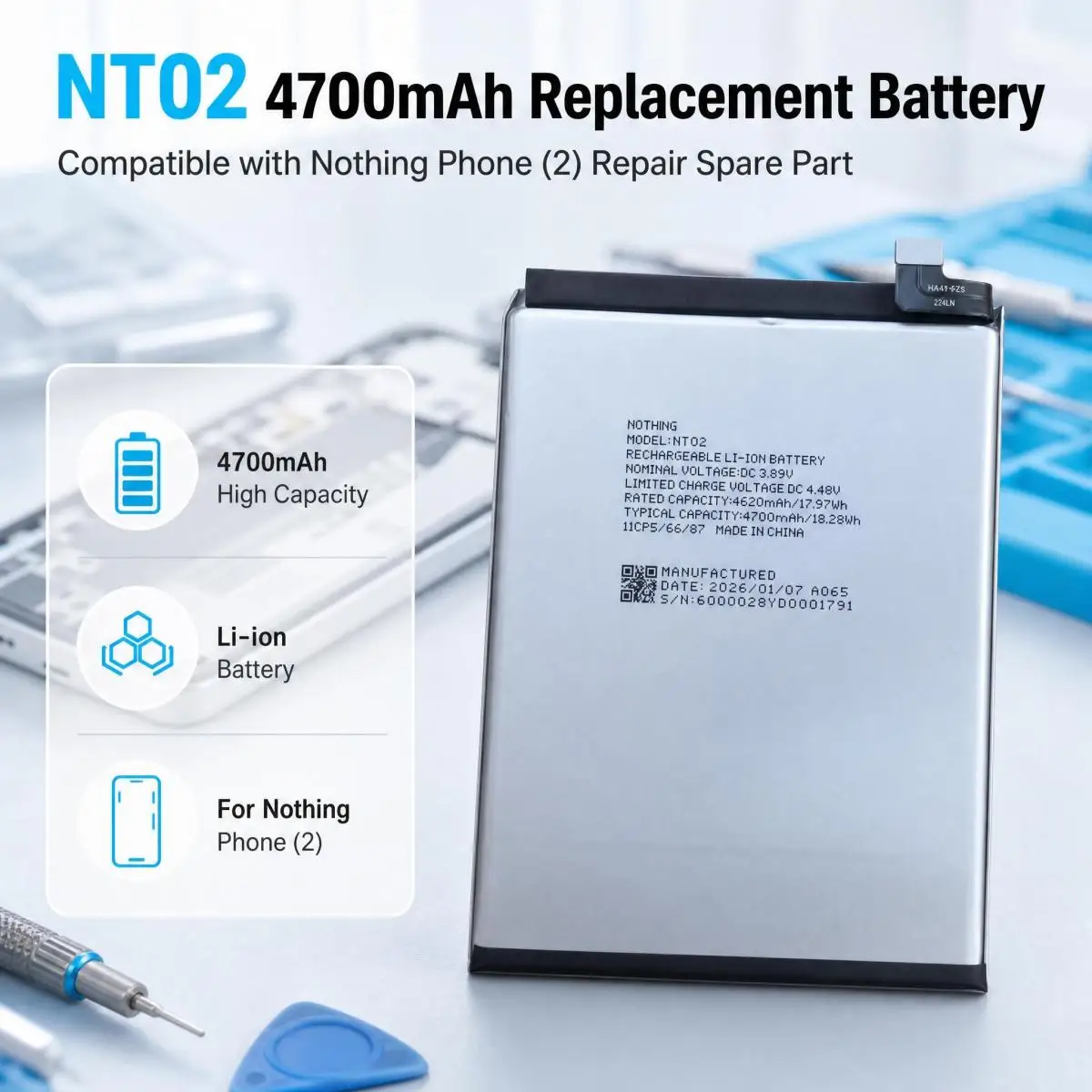 NT02 4700mAh High Capacity Li-ion Replacement Battery Compatible with Nothing Phone (2), Smartphone Repair Spare Part