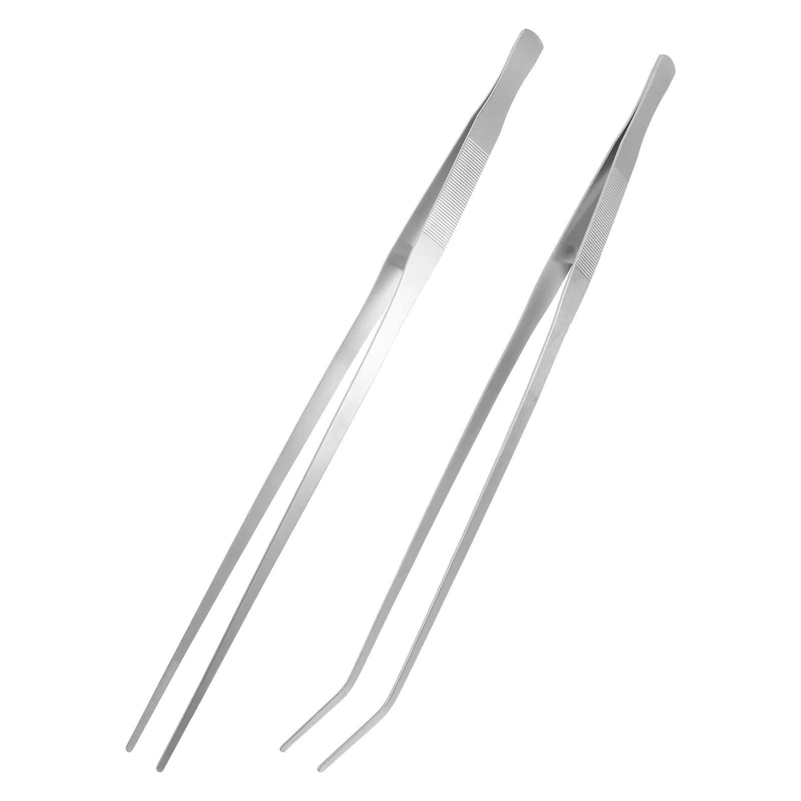2Pcs 19 Inch Stainless Steel Long Tweezers Straight Curved Serrated Tip Tongs for Sink Clog Pickup Aquarium Reptile Feeding Use
