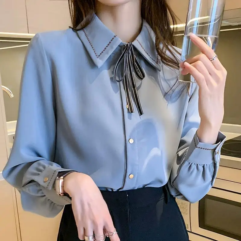 Korean Fashion Lapel Lace Up Button Shirt Women\'s Clothing 2023 Spring New Office Lady Casual Long Sleeve Solid Commute Blouse