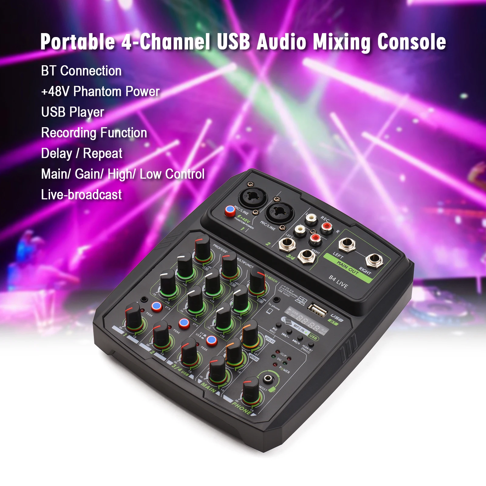 4-Channel Audio Mixer Mixing Console LED Screen Built-in Soundcard USB BT Connection with 2-band EQ Gain Delay Repeat Control