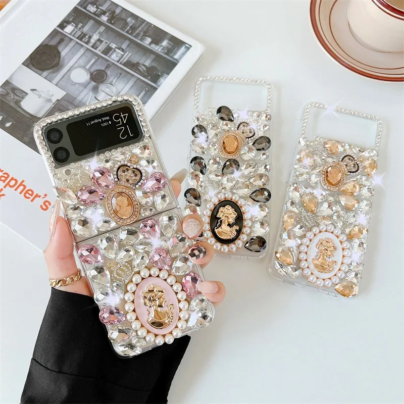 Retro Pearl Queen Portrait Phone Case For Samsung Galaxy Z Flip 6 5 4 3 Colorful Diamond Rhinestone Crystal Crown Clear PC Cover