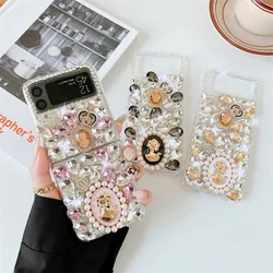 Retro Pearl Queen Portrait Phone Case For Samsung Galaxy Z Flip 7 6 5 4 Colorful Diamond Rhinestone Crystal Crown Clear PC Cover