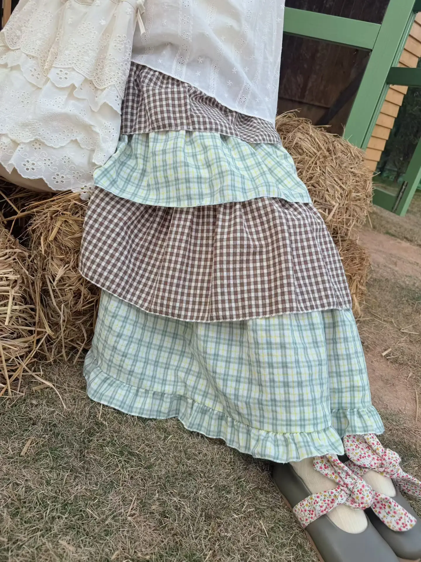

Юбка макси для молодых девушек-студенток в японском стиле кавай, милая лолита, с оборками, в клетку, из хлопка, с лоскутным шитьем, многослойная