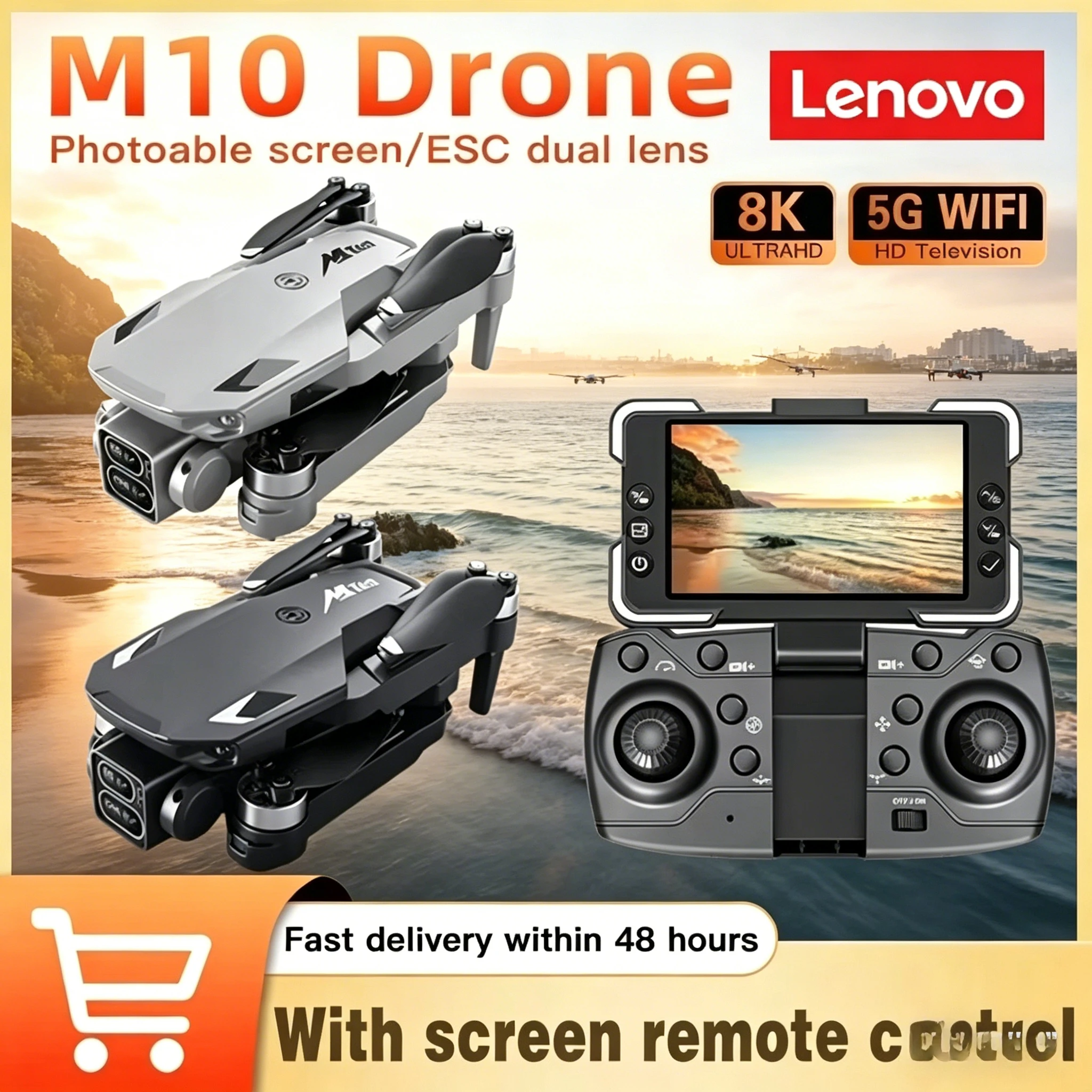 

Профессиональный дрон Lenovo M10 8K HD с двойной камерой, бесщеточным двигателем, экраном, пультом ДУ, 5G Wi-Fi и функцией обхода препятствий, квадрокоптер-игрушка