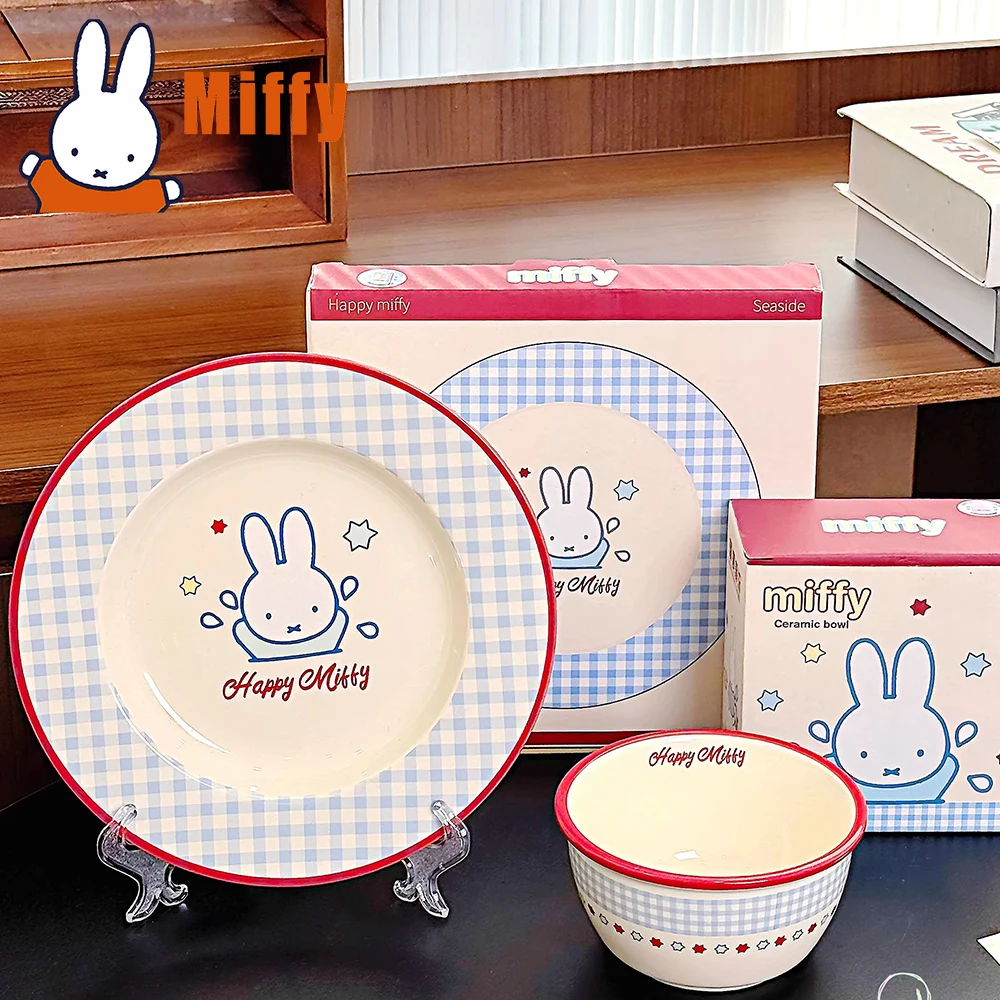 Cuenco de cerámica Kawaii Miffy, plato de conejo bonito, vajilla de alta belleza, plato para ensalada de Pasta, leche, desayuno, fruta, bandeja de desayuno, regalo para niña