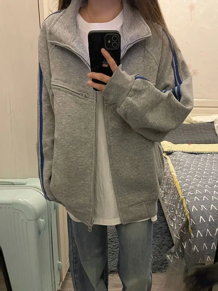 plus Size Grey Striped Sweatshirt Women's Baseball Style Open Cardigan Loose Fit Spring Autumn New Arrival Fat MM Clothing