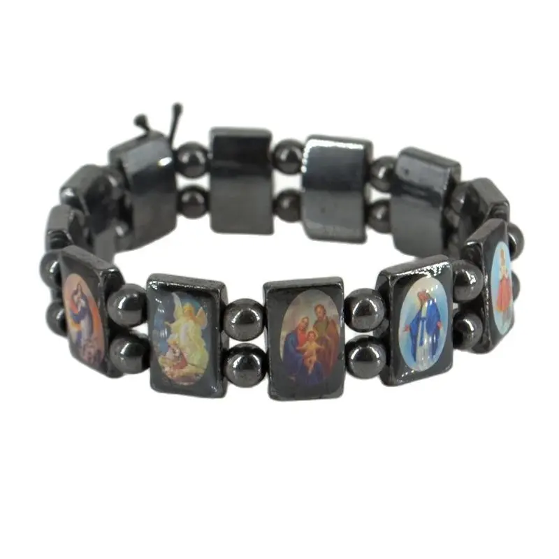 18mm Schwarz Hämatit Rosenkranz Armband JESUS SAINTS Maria Engel Mode Catholic Christian Religiöse Schmuck