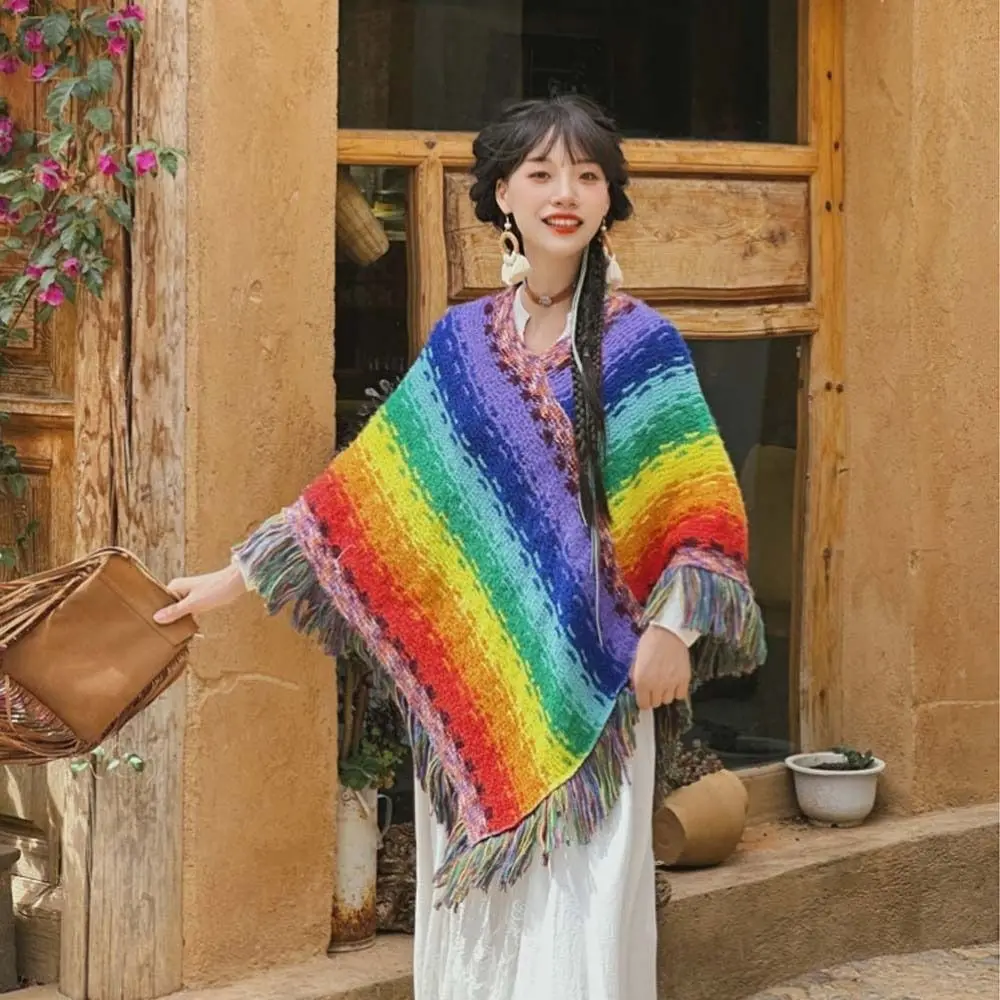 Poncho mongol suave y cálido para mujer, envolturas de punto de poliéster a rayas, estilo étnico, chal con borlas, moda de invierno