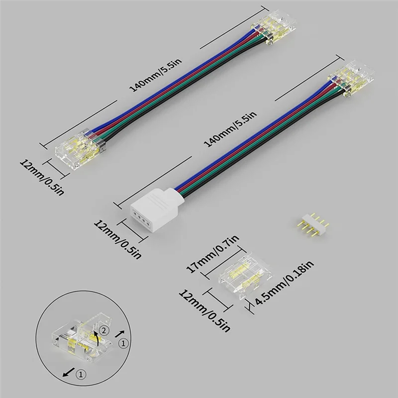 MAKE-1Set 10 مللي متر موصلات ل COB RGB LED قطاع أضواء 4 دبوس المزدوج ينتهي تمديد موصلات إلى 4 دبابيس التوصيل 5.5In تمديد سلك