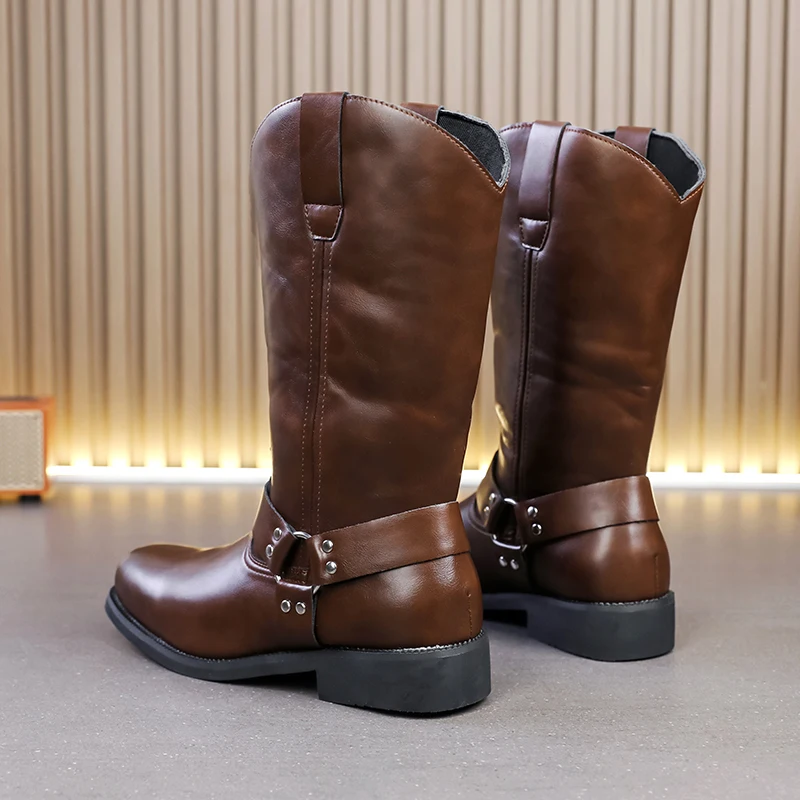 Retro Cowboy Mid Calf Western Pu Leather Man Slip on Shoes Winter Knight Booties Plus Size 38-46 Zapatos Hombre Chelsea Men