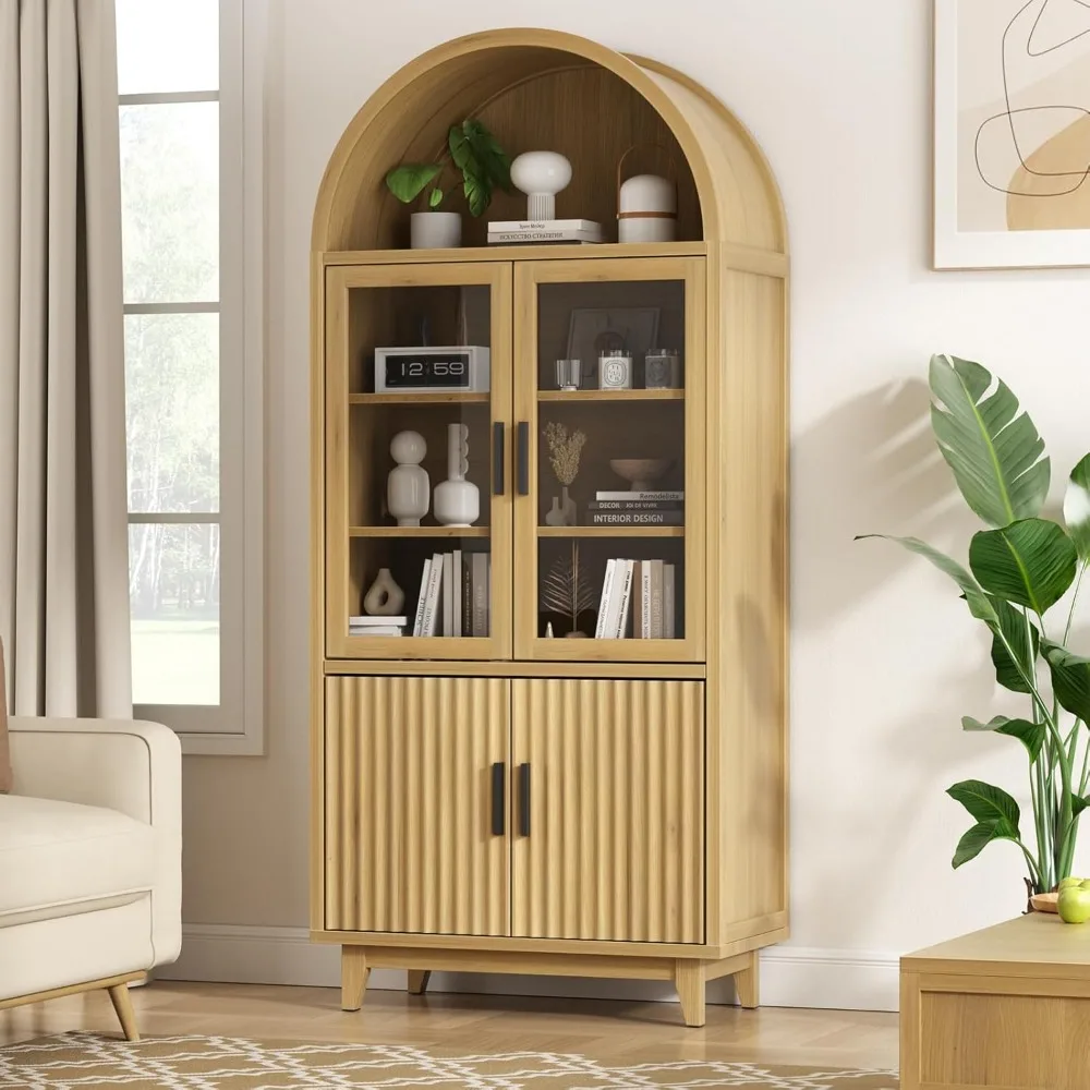 

Arched Storage Cabinet 70.8" Tall, Modern Fluted Door Cabinet with Tempered Glass and Adjustable Shelves, Solid Wood Legs Accent