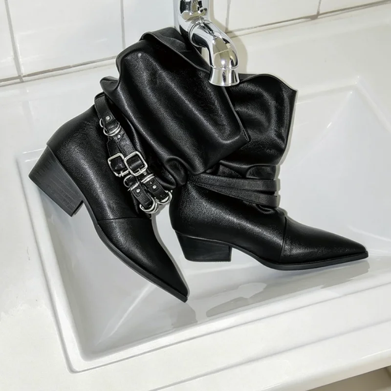 Gürtel, Schnallen, Schuhe für Damen, spitze Zehen, klobige High Heels, Nählinien, kurze Stiefel für Damen, einfarbig, Tacones, Zapatos, Nähte