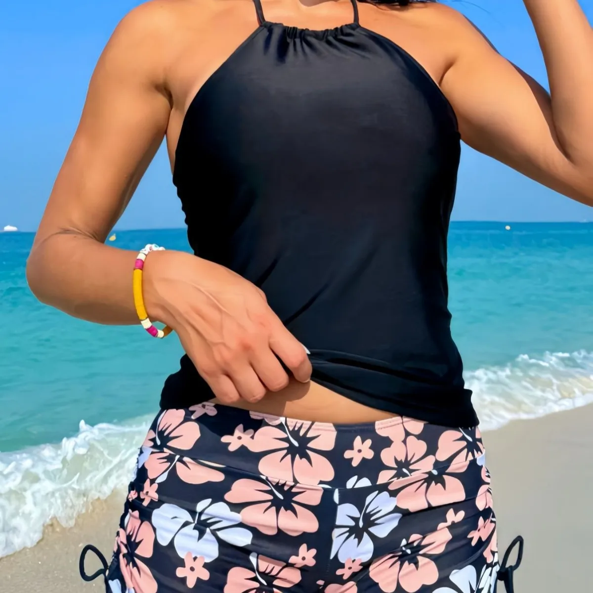 

Halter Neck Bikini Set Printed Bottoms with Adjustable Ties Sexy Two Piece Swimsuit Summer Solid Black Vest Tops Floral Swimwear