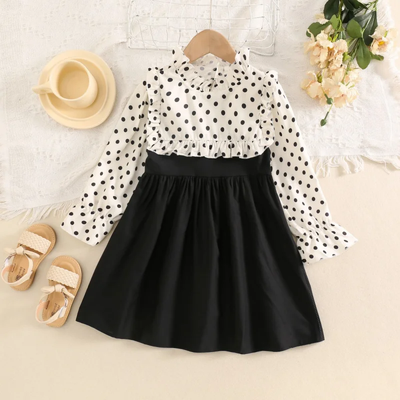 

6327Spring and Autumn New Girls' Dress Polka Dot Lace Collar Patchwork Long Sleeve Dress Small Round Neck Polka Dot Dress2-6Year