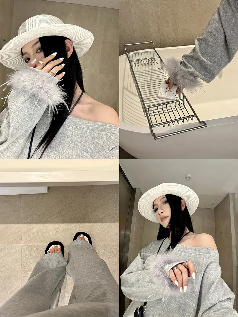 

PAPERLLL Lazy Feather Sleeve Sweatshirt Flared Pants Women's Spring Casual Set High Waist Loose Fit Long Sleeve Hoodie