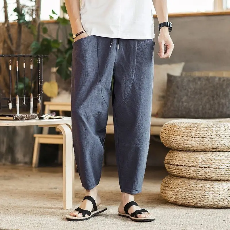 

New Summer Cotton and Linen Loose Men's Casual Cropped Plus Trendy Youth Thin Versatile Wide-fitting Harem Pants