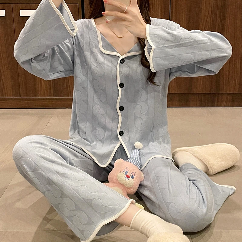 

Long Sleeved Flannel Pajamas Set Women Winter Warm Ruffle Pajama Sleepwear Women Velvet Sleepwear Loose Pajama Homewear