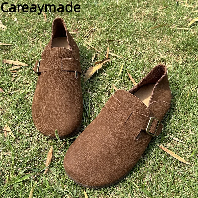 Careaymade-Genuine leather handmade Women's shoes,round toe One foot cow leather single shoes, flat bottom casual mom's shoes