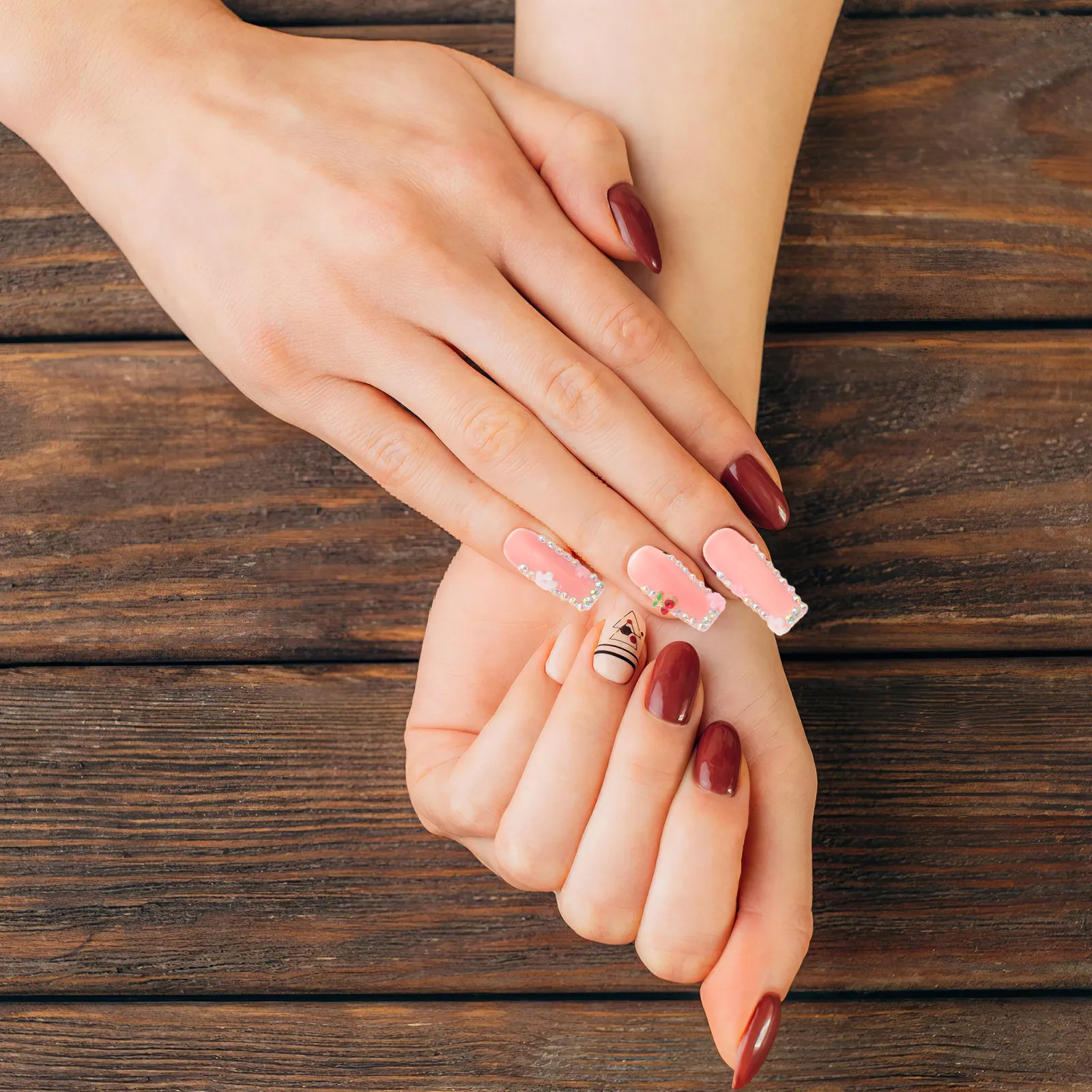 

10 шт. накладных ногтей с цветами и стразами, полное покрытие, вишневые украшения для ногтей, клеевые типсы-гробики, для весенней вечеринки, нейл-арт