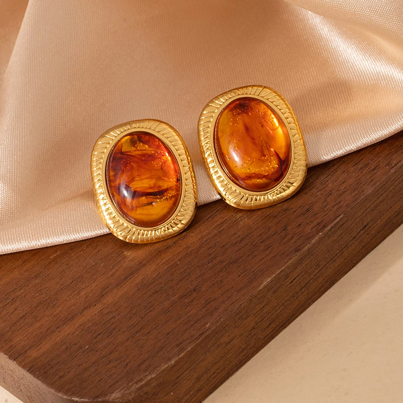 ANENJERY 316L Stainless Steel Geometry Square Emerald Stone Amber Earrings For Women Elegant Temperament Party Jewelry Gifts