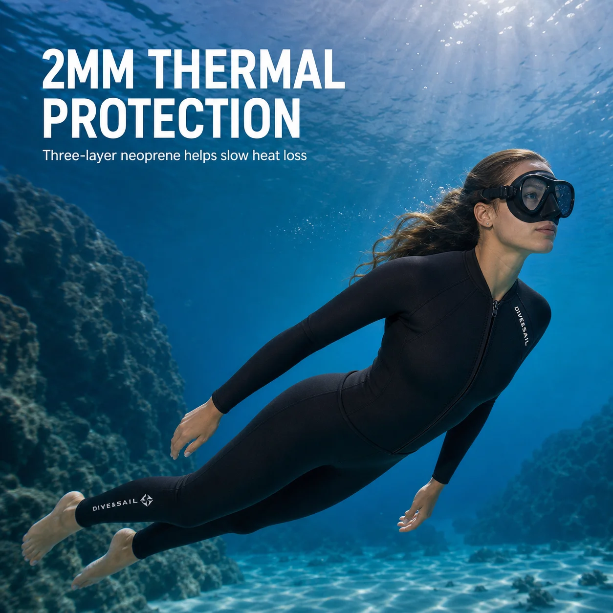 DIVE & SAIL 2mm Neoprene Wetsuit Top for Men and Women, Long Sleeve Front Zip Diving Jacket for Snorkeling Surfing Swimming
