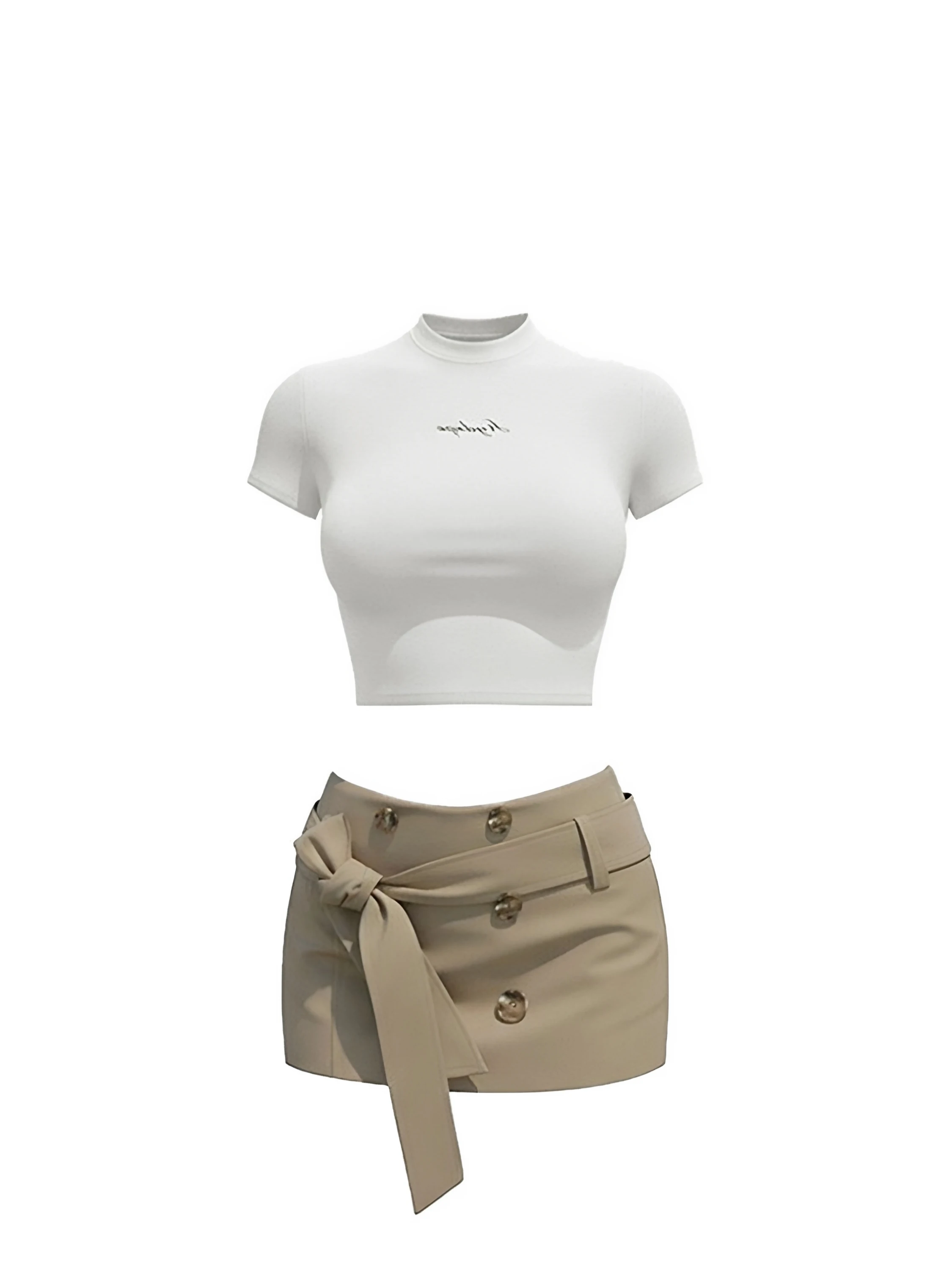Summer Commute Hot Girl Slim Fit White Short T-Shirt Khaki High Waist A-Line  Skirt Two-Piece Set Business Casual Women's...