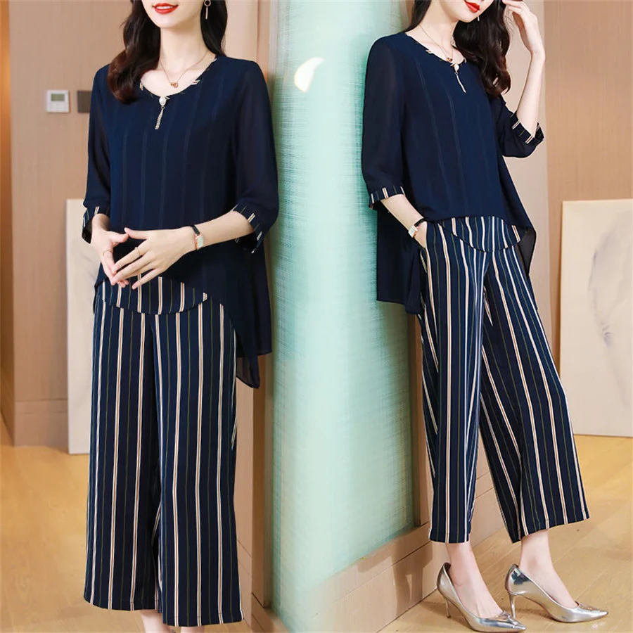 

Women Two Piece Set Suit Blouse Chiffon Elegant Shirts Striped Wide Leg Pants Loose Pants Oversize Summer 5XL Oversize