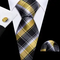 Classic Black Yellow Silk Tie For Men With Pocket Square Cufflink Set Plaid Woven Necktie Business Designer Party Barry.Wang