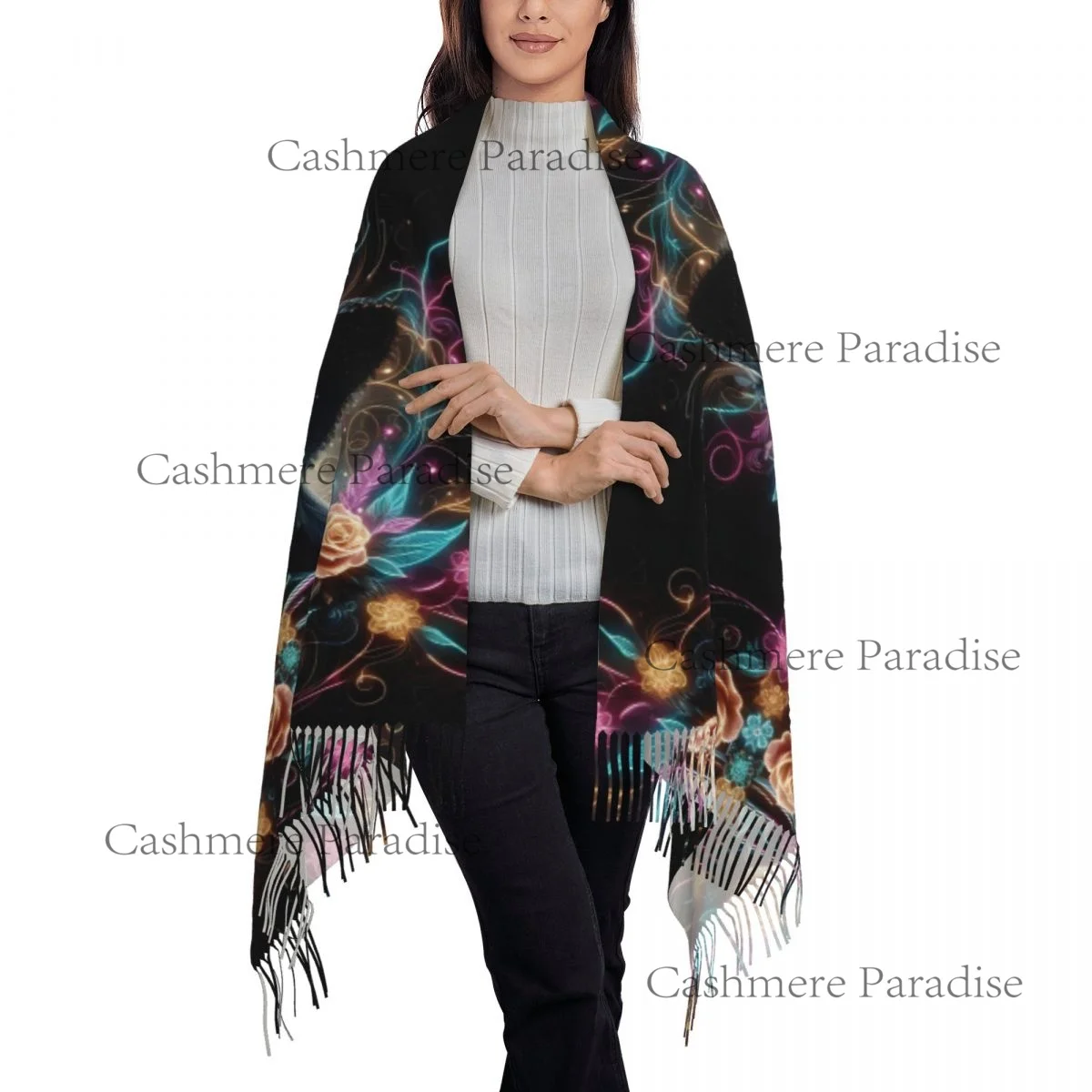 المكسيك الجمجمة امرأة خمر نمط المرأة الباشمينا شال يلتف هامش وشاح طويل كبير وشاح #3