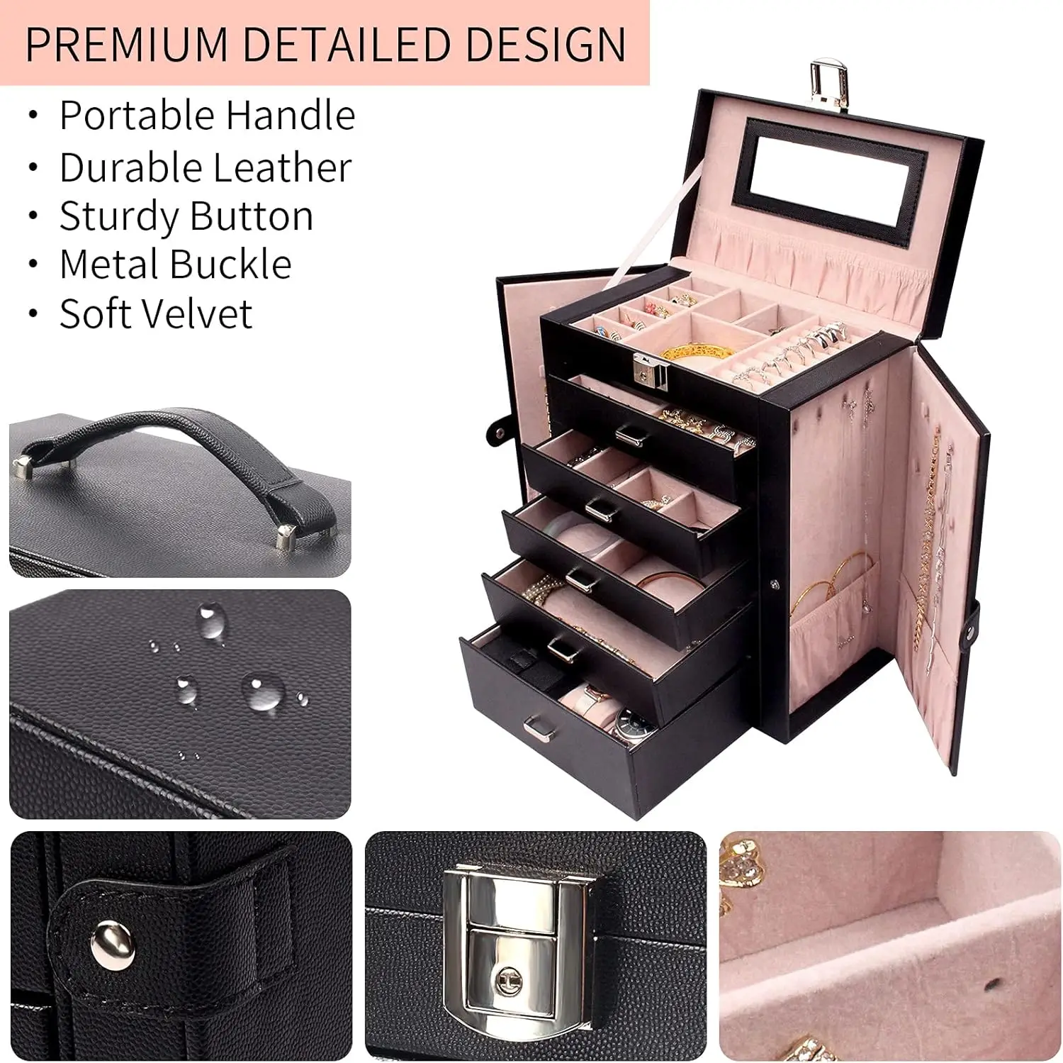 6-Tier Jewelry Organizer with Mirror, Lockable Drawers, Large Storage for Rings, Earrings, Necklaces - Perfect Gift