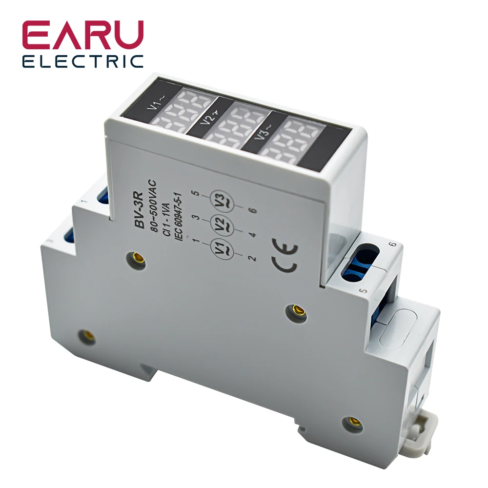 Din Rail Mount Three Phase AC 80-500V Mini Modular Volt Voltage Meter Voltmeter Gauge Indicator BV-3R LED Digital Display