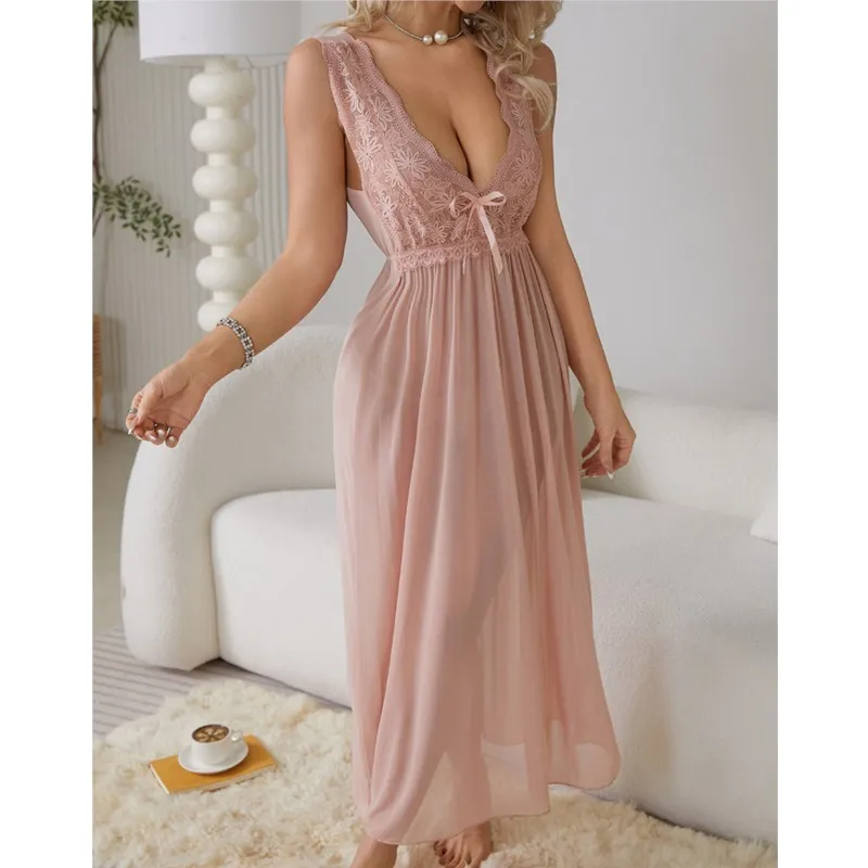 

Sexy Pajamas Long Nightgown Home Wear Fashion Lace Dress For Women Deep V Sleepwear Chiffon Nightdress Wedding Night Clothes