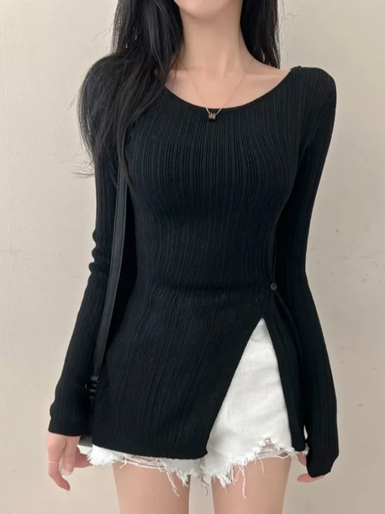 เสื้อคลุมไหมพรมบางเบาสำหรับฤดูร้อน ป้องกันแสงแดด ดีไซน์ผ่าข้าง กระชับสัดส่วน สไตล์เกาหลี ทรงเข้ารูป