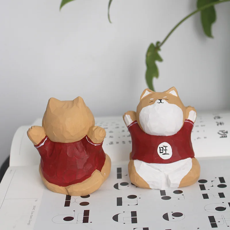 Carved Solid Wood Fortune Dog Statue Blessing Creative Chinese Fengshui Lucky Wealth Home Room Desk Decor Housewarming Gift