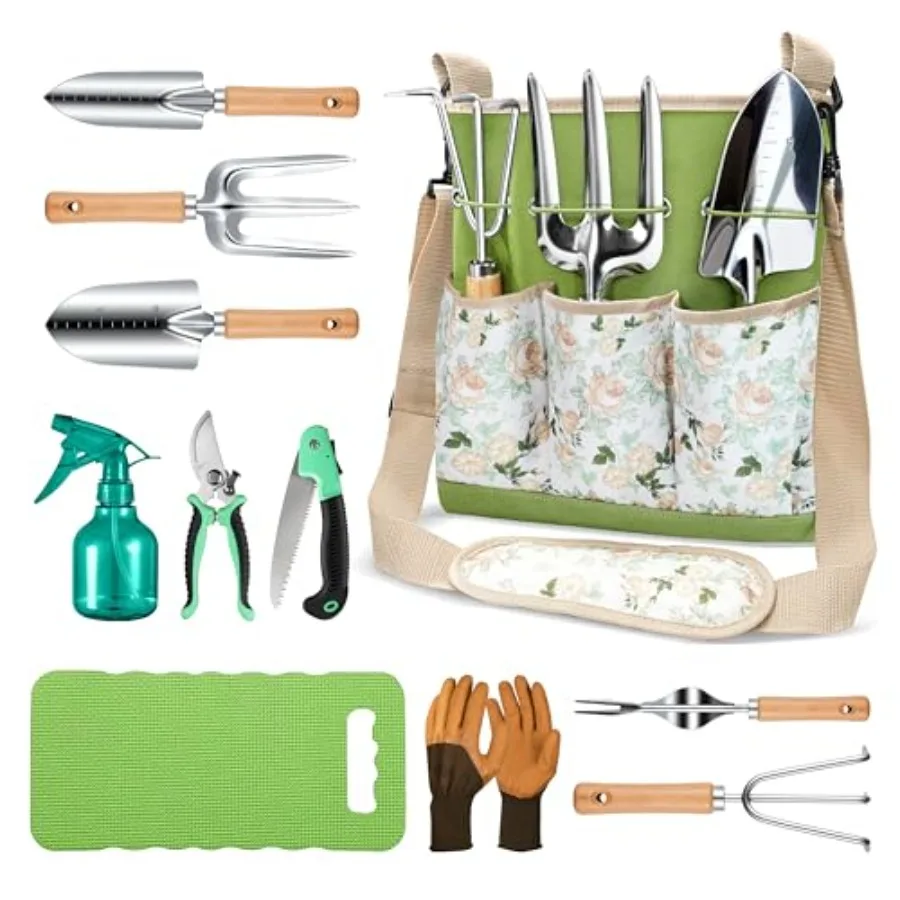 

AllinOne 11Piece Heavy Duty Gardening Tool Set with Ergonomic Canvas Shoulder Crossbody Bag for Outdoor Garden Maintenance Rust