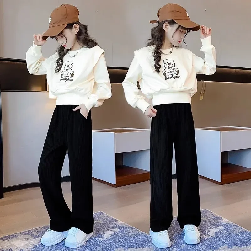 2025 new autumn winter Teenager Clothes Children Set bear batwing Crop Top sweatshirt t shirt + straight Pant Suit 8 10 12 year