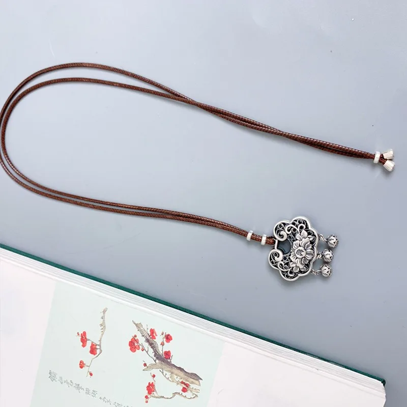 925 Silver Hollow Out Peony Flower Tassel Necklace for Women Adjustable and Exquisite Long Ruyi Lock Pendant Retro Style Jewelry