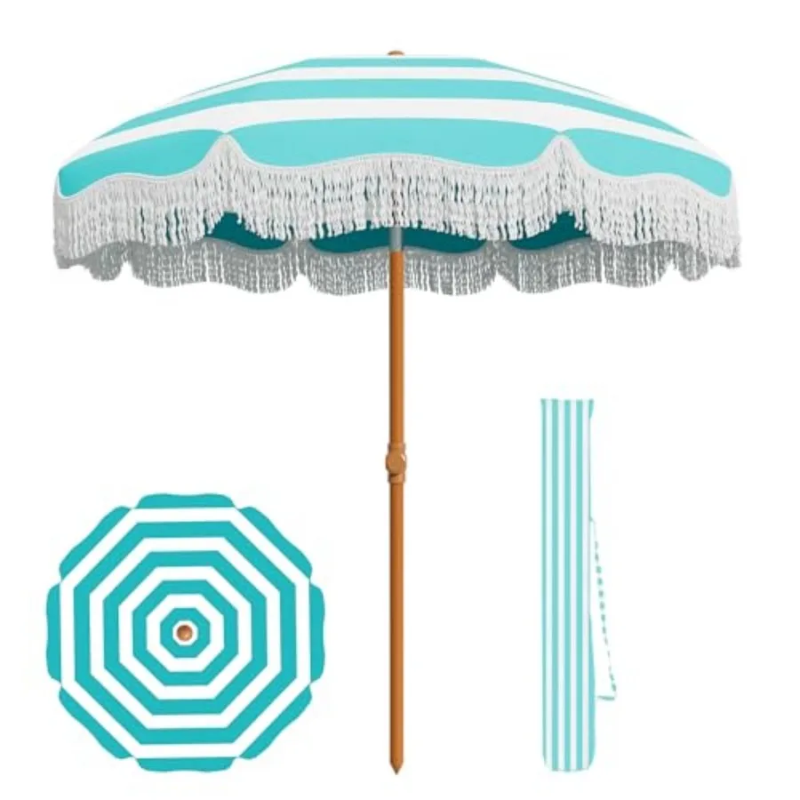 

7Feet Patio Umbrella with Fringe, UPF50+ Beach Umbrella for Table, Pool and Garden, Portable Outdoor Tassels Umbrella w/Fibergl