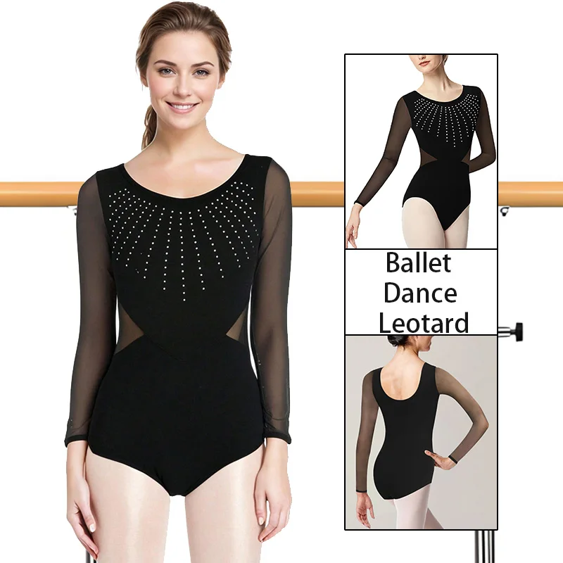 المرأة شبكة طويلة الأكمام الباليه ملابس رقص الجمباز للكبار الجمباز الرقص القمم مع الصدر سباركلي الساخن الشبت الرقص ثياب