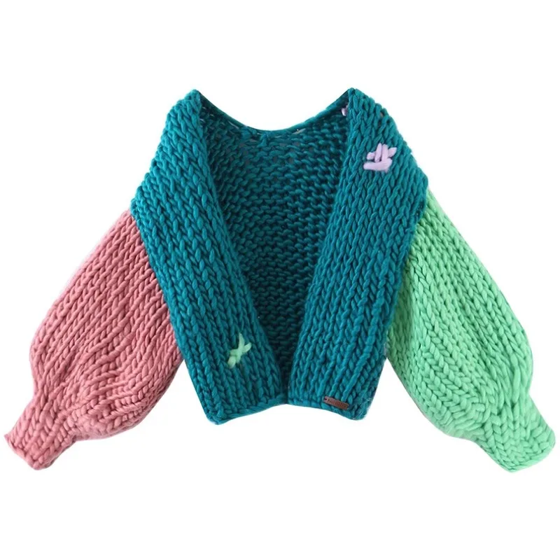 Handmade Thick Needle Stitching Contrast Color Colorful Short Sweater Thickened Buckle-Free Knitted Cardigan Coats Autumn Female