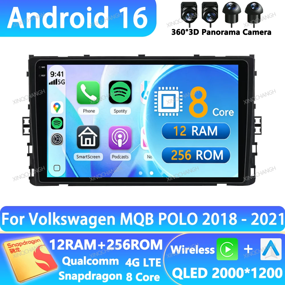 Android 16 Car Radio For Volkswagen VW MQB POLO VI Jetta MK7 T6 Bora 2018 - 2021 Qualcomm Navigation Head Unit QLED GPS BT 2DIN