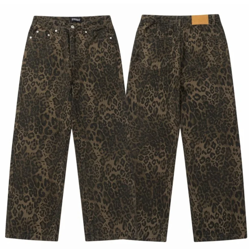 

New Original American Retro Leopard Print Jeans Straight Leg Loose Men's and Women's Fashion Casual Pants