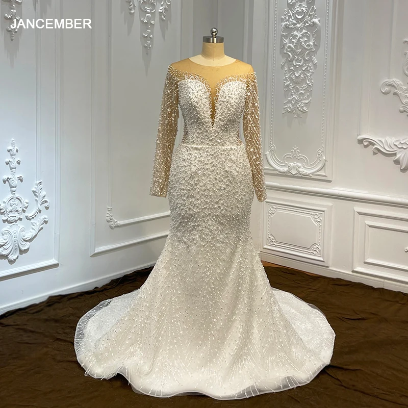 

Jancember Popular Design Gorgeous Wedding Dresses For Women Organza A-line Full Sleeves Lace Up Button Beading vestito da sposa