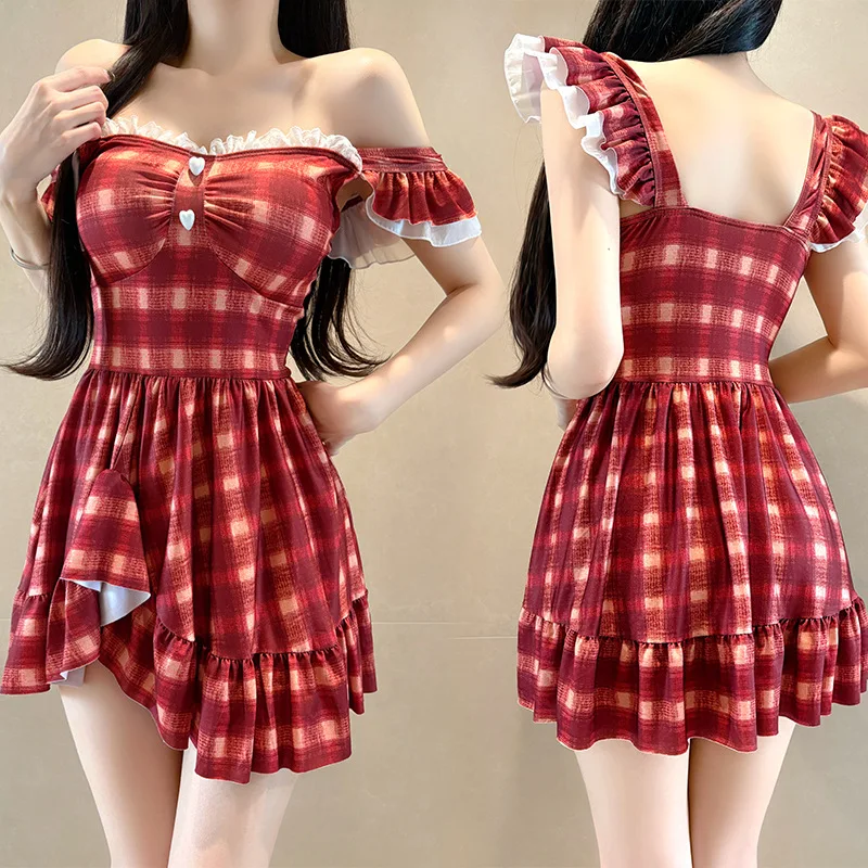 섹시한 한국 패션 러플 화이트 레이스 수영복 원피스 체크 무늬 불규칙 미니 드레스 큐롯 비키니 패드 수영복 탱키니