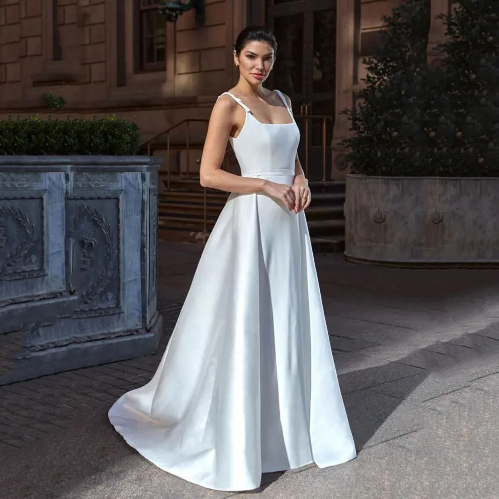 

Satin 2026 Wedding Dresses Square Neck Detachable Train A-Line Bridal Gown Minimalist Long Simple Bride Dress Customized