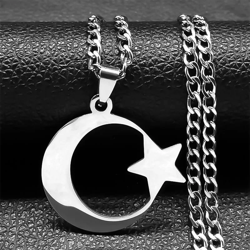 HNSP Turkish Stainless Steel Star Moon Pendant Chain Necklace For Men Women Neck Jewelry Accessories